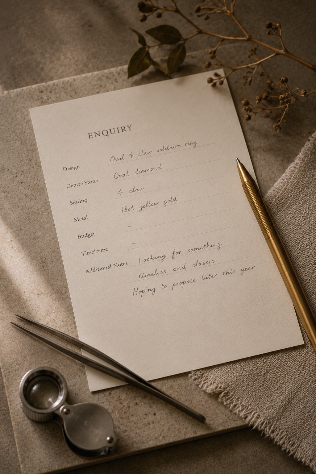 A styled flat-lay of a vintage-style paper enquiry card with handwritten details, accompanied by a gold pen, tweezers, and a magnifying glass on a textured neutral surface.