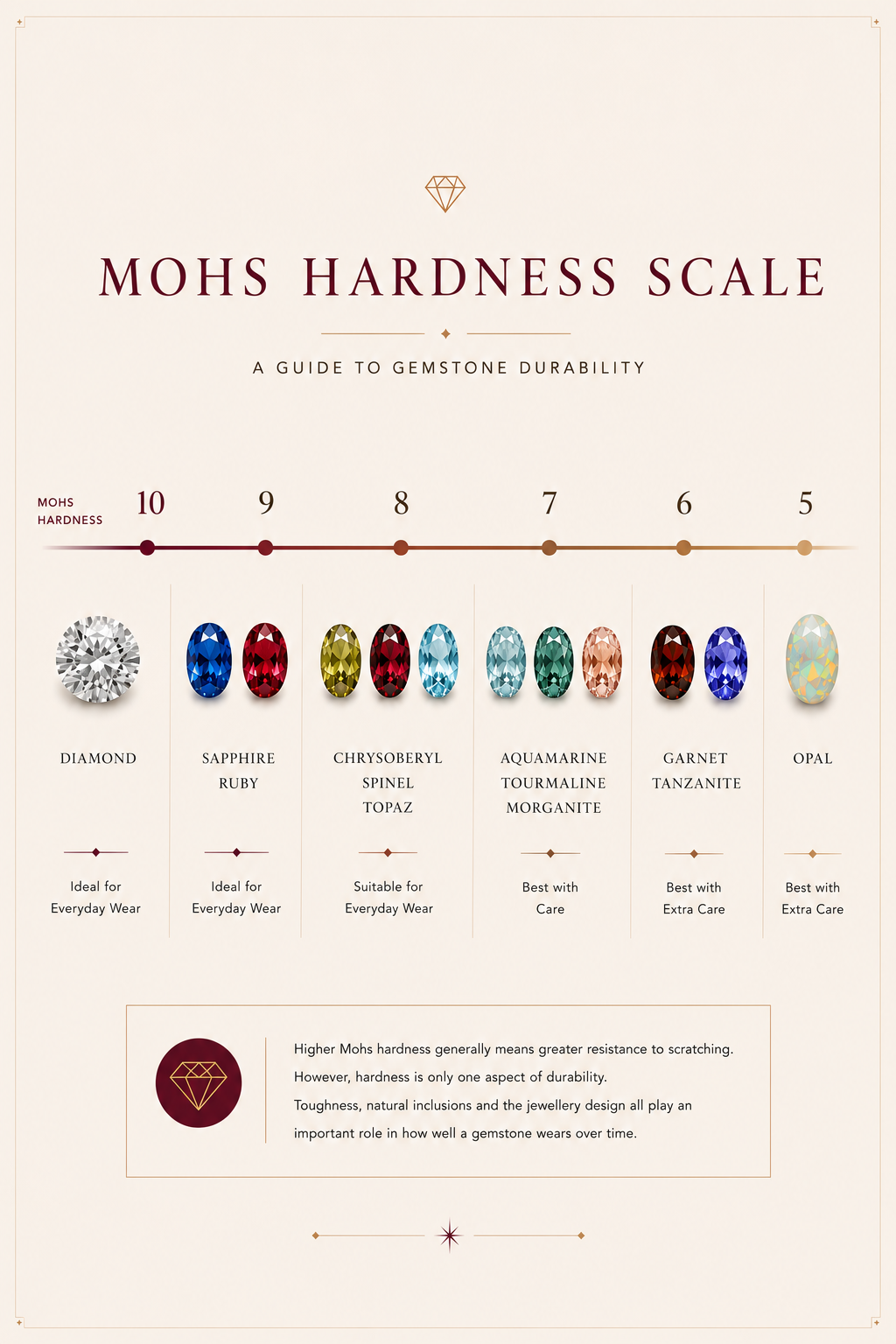 An informational graphic titled 'MOHS HARDNESS SCALE: A GUIDE TO GEMSTONE DURABILITY' on a warm cream background. It shows a horizontal hardness scale from 1 to 10 with gemstone color samples and labels such as diamond, sapphire ruby, chrysocoron spinel topaze, aquamarine turquoise morganite, garnet Tanzanite, and opal.