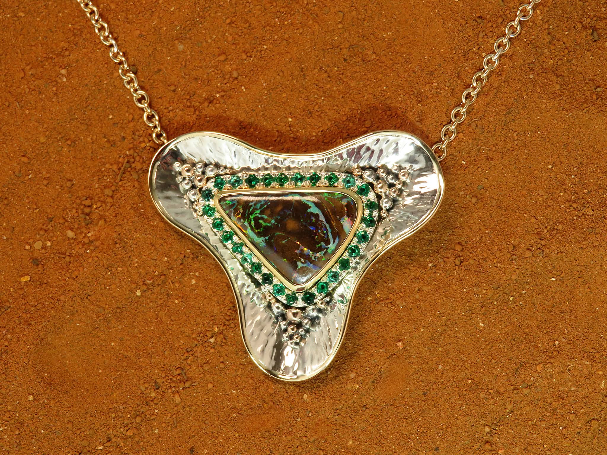Silver and Gold Bespoke Opal and Emerald Pendant
