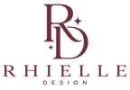 A centered logo on a plain white background featuring the stylized letters R and D with small star accents above the text 'RHIELLE DESIGN' in a dark burgundy tone.